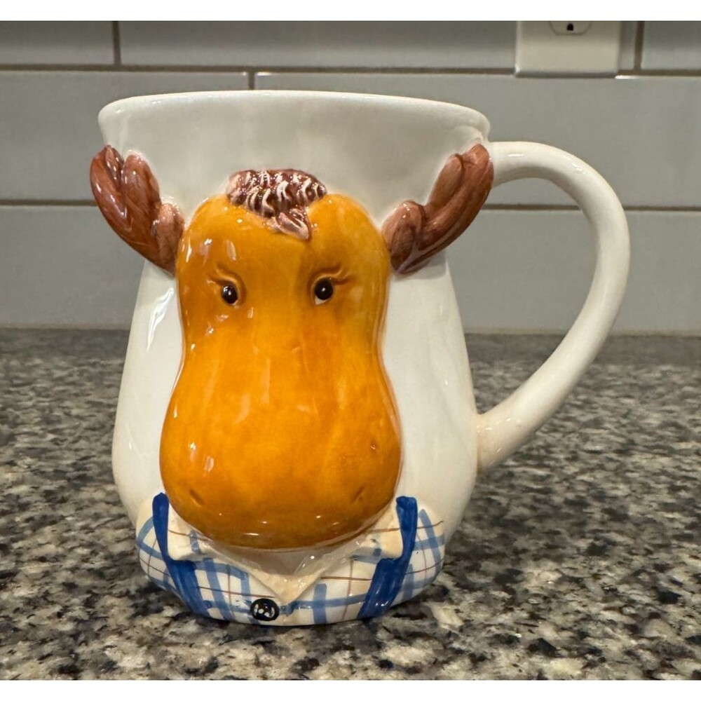 Harry And David China 3D Moose Munch Blue Plaid Overalls Hand Painted Cup Mug